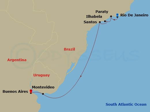 10 Night - Brazil Intensive Cruise : Rio De Janeiro, Paraty & Sao Paolo - Azamara Journey - Starting in Rio De Janeiro, Paraty, Ilhabela, Brazil, Santos (Sao Paulo), Montevideo, Buenos Aires itinerary map
