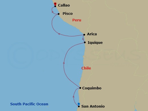 8 Night - Chile & Peru Cruise : Arica, Pisco & Lima - Azamara Journey - Starting in San Antonio Cl, Coquimbo, Iquique, Arica, Pisco, Callao (Lima) itinerary map