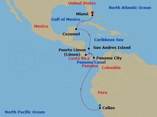 11 Night - Peru & Central America : Lima, Panama City & Puerto Limon - Azamara Journey - Starting in Callao (Lima), Panama City (Fuerte Amador), Panama Canal (Cruising), Puerto Limon, Isla San Andres, Cozumel, Mexico, Miami, Florida itinerary map