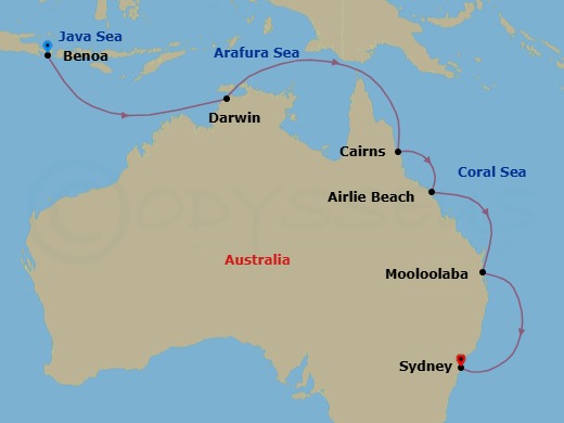 14 Night - Australia Intensive Cruise : Darwin, Cairns & Sydney - Azamara Pursuit - Starting in Benoa, Bali, Darwin, Cairns, Airlie Beach, Queensland, Mooloolaba, Queensland, Sydney AU (White Bay), Australia itinerary map