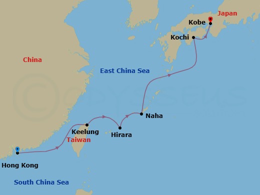 8 Night - Hong Kong, Taiwan & Japan Cruise : Hong Kong, Taipei & Kochi - Azamara Pursuit - Starting in Hong Kong, Taipei (Keelung), Hirara, Miyako Island, Naha, Okinawa, Kochi, Kobe itinerary map