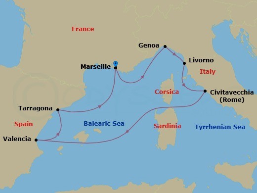 7 Night - Mediterranean - MSC Lirica - Starting in Marseille (Provence), France, Genoa (Portofino), Italy, Livorno (Florence), Italy, Civitavecchia (Rome), Italy, Valencia, Spain, Tarragona, Spain, Marseille (Provence), France itinerary map