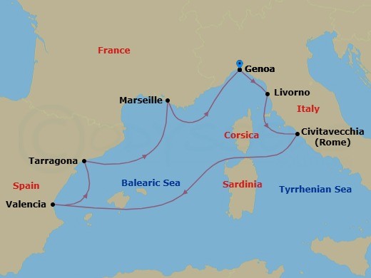 7 Night - Mediterranean - MSC Lirica - Starting in Genoa (Portofino), Italy, Livorno (Florence), Italy, Civitavecchia (Rome), Italy, Valencia, Spain, Tarragona, Spain, Marseille (Provence), France, Genoa (Portofino), Italy itinerary map