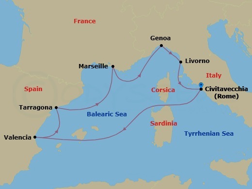 7 Night - Mediterranean - MSC Lirica - Starting in Civitavecchia (Rome), Italy, Valencia, Spain, Tarragona, Spain, Marseille (Provence), France, Genoa (Portofino), Italy, Livorno (Florence), Italy, Civitavecchia (Rome), Italy itinerary map