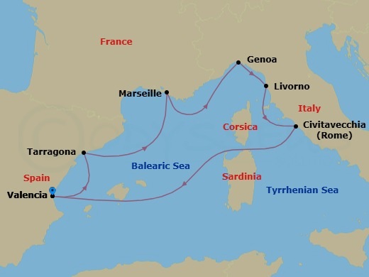 7 Night - Mediterranean - MSC Lirica - Starting in Valencia, Spain, Tarragona, Spain, Marseille (Provence), France, Genoa (Portofino), Italy, Livorno (Florence), Italy, Civitavecchia (Rome), Italy, Valencia, Spain itinerary map