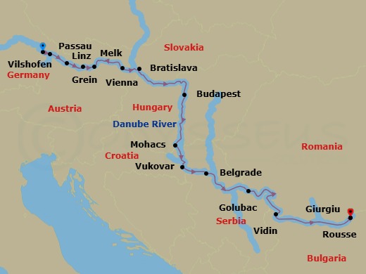 14 Night - Grand Danube Wine Cruise - AmaMagna - Starting in Villany, Passau, Linz, Grein, Melk, Spitz, Vienna, Bratislava, Budapest, Mohacs, Vukovar, Belgrade, Golubac, Vidin, Rousse, Giurgiu itinerary map
