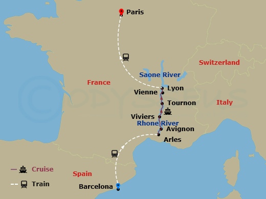 13 Night - Colors of Provence with Barcelona Pre-Cruise and Paris Post-Cruise - AmaKristina Tours - Starting in Barcelona, Arles, Avignon, Viviers, Tournon, Vienne, Lyon, Paris itinerary map