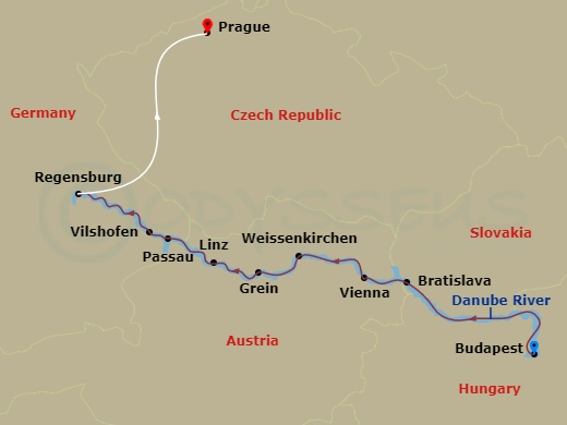 12 Night - Melodies of the Danube with Budapest Pre-Cruise, Prague Post-Cruise - AmaSonata Tours - Starting in Budapest, Bratislava, Vienna, Weissenkirchen, Grein, Linz, Passau, Villany, Regensburg, Prague itinerary map