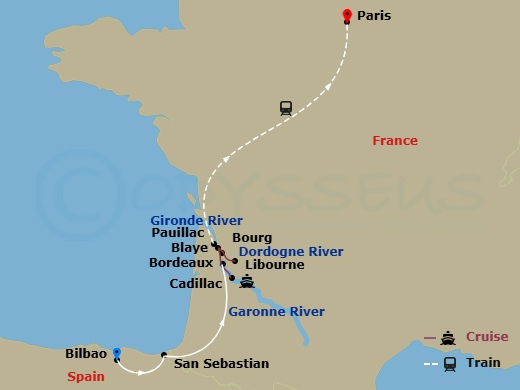 14 Night - Taste of Bordeaux with Bilbao, San Sebastian Pre-Cruise and Paris Post Cruise - AmaDolce Tours - Starting in Bilbao, San Sebastian, Bordeaux, Libourne, Blaye, Engelhartszell, Pauillac, Cadillac, Bordeaux, Paris itinerary map
