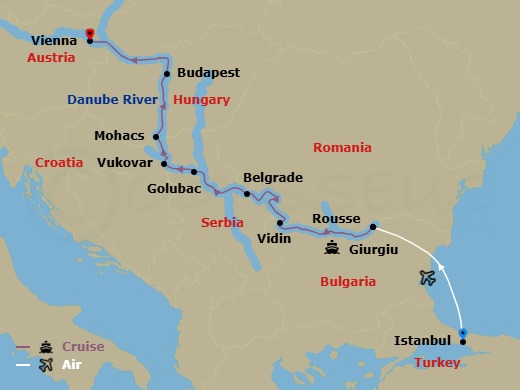 12 Night - Gems of Southeast Europe with Istanbul Pre-Cruise and Vienna Post-Cruise - AmaBella Tours - Starting in Istanbul, Giurgiu, Rousse, Vidin, Golubac, Belgrade, Vukovar, Mohacs, Budapest, Vienna itinerary map