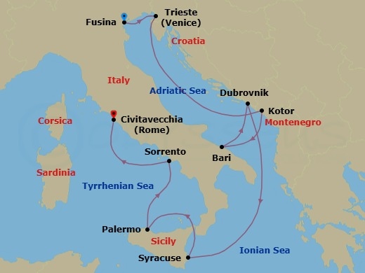 10 Night - Fusina to Civitavecchia - Silver Nova - Starting in Fusina (Venice), Trieste, Kotor, Bari, Dubrovnik, Croatia, Siracusa (Sicily), Palermo, Sicily, Sorrento, Civitavecchia (Rome) itinerary map