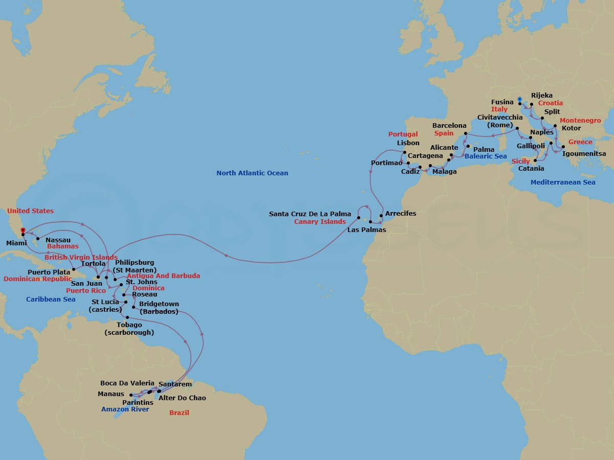 57 Night - Old & New World Discovery - Oceania Insignia - Starting in Venice (Fusina), Rijeka, Split, Kotor, Igoumenitsa, Gallipoli, Catania (Sicily), Naples / Pompeii, Rome (Civitavecchia), Barcelona, Palma De Mallorca, Alicante, Cartagena ES, Malaga, Seville (Cadiz), Portimao, Lisbon, Arrecife (Lanzarote), Las Palmas De Gran Canaria, Santa Cruz de La Palma, San Juan, Puerto Plata, Dominican Republic, Miami, Tortola, St Johns AG, Castries, Scarborough, Cruising the Amazon River, Santarem (Amazon River), Boca Da Valeria (Amazon River), Manaus (Amazon River), Parintins (Amazon River), Alter Do Chao (Amazon River), Cruising the Amazon River, Bridgetown, Roseau, Philipsburg, San Juan, Nassau, Miami itinerary map