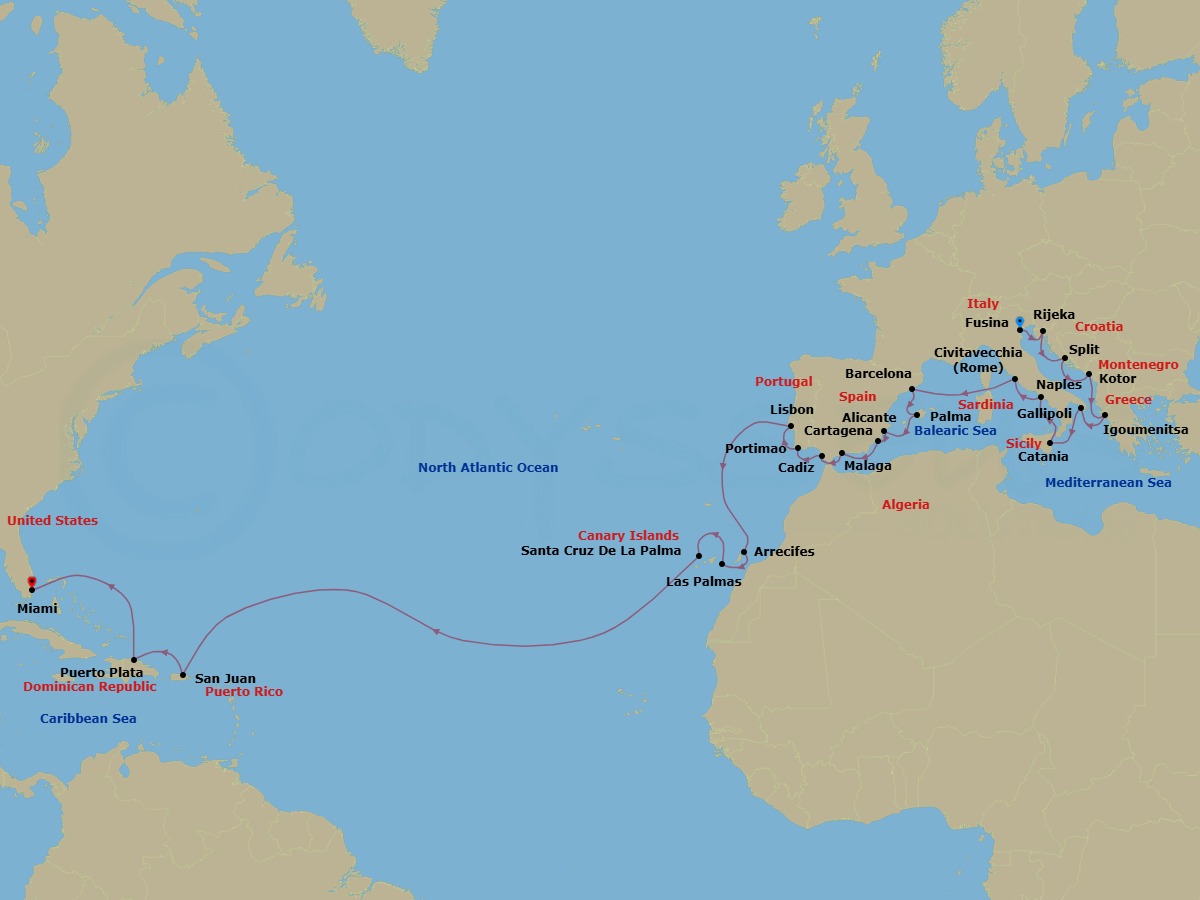 32 Night - Adriatic to Caribbean Isles - Oceania Insignia - Starting in Venice (Fusina), Rijeka, Split, Kotor, Igoumenitsa, Gallipoli, Catania (Sicily), Naples / Pompeii, Rome (Civitavecchia), Barcelona, Palma De Mallorca, Alicante, Cartagena ES, Malaga, Seville (Cadiz), Portimao, Lisbon, Arrecife (Lanzarote), Las Palmas De Gran Canaria, Santa Cruz de La Palma, San Juan, Puerto Plata, Dominican Republic, Miami itinerary map