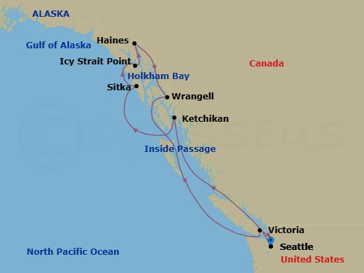 10 Night - Trails of Ice & Fire - Oceania Riviera - Starting in Seattle, Cruising the Inside Passage, Ketchikan, Sitka, Icy Strait Point (Hoonah), Haines, Cruising the Holkham Bay Glacier Fjords, Wrangell, Victoria CA, Seattle itinerary map