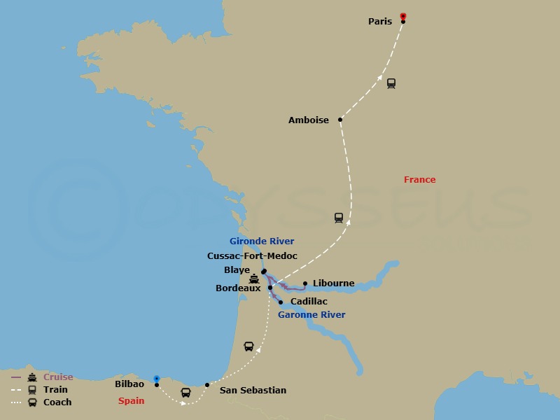 14 Night - Taste of Bordeaux (Wine Cruise) with Bilbao, San Sebastian Pre-Cruise and Paris Post Cruise - AmaDolce Tours - Starting in Bilbao, San Sebastian, Bordeaux, Libourne, Blaye, Engelhartszell, Cussac-Fort-Medoc, Cadillac, Bordeaux, Paris itinerary map