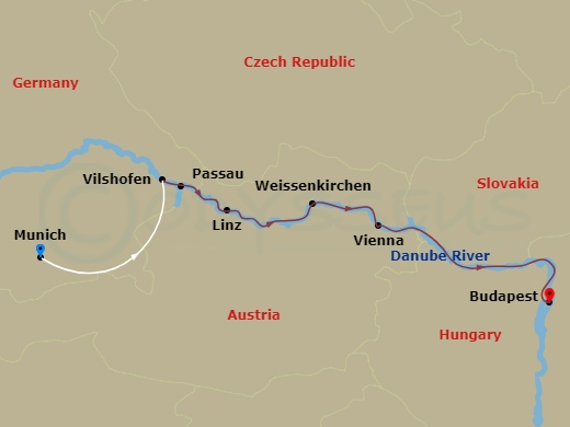 9 Night - Romantic Danube with Munich Pre-Cruise - AmaSonata Tours - Starting in Munich, Villany, Passau, Linz, Weissenkirchen, Vienna, Budapest itinerary map