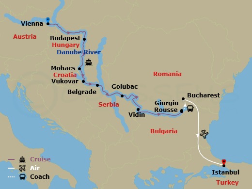 12 Night - Gems of Southeast Europe (Smithsonian Journeys) with Vienna Pre-Cruise and Istanbul Post-Cruise - AmaBella Tours - Starting in Vienna, Budapest, Mohacs, Vukovar, Belgrade, Golubac, Vidin, Rousse, Giurgiu, Bucharest, Istanbul itinerary map