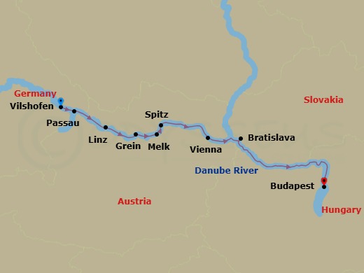 7 Night - Magna On the Danube - AmaRudi - Starting in Villany, Passau, Linz, Grein, Melk, Spitz, Vienna, Bratislava, Budapest itinerary map