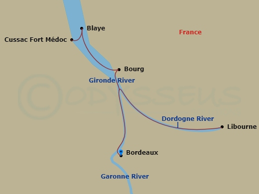 7 Night - Taste of Bordeaux - AmaDolce - Starting in Bordeaux, Libourne, Blaye, Engelhartszell, Cussac-Fort-Medoc, Cadillac, Bordeaux itinerary map