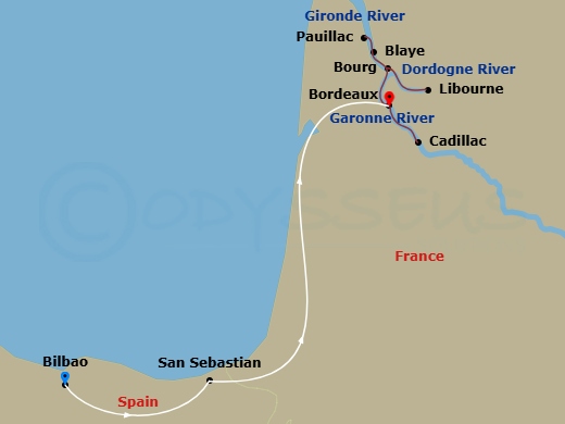 14 Night - Taste of Bordeaux (Taste of Christmas) with Bilbao, San Sebastian Pre-Cruise and Paris Post Cruise - AmaDolce Tours - Starting in Bilbao, San Sebastian, Bordeaux, Libourne, Blaye, Engelhartszell, Pauillac, Cadillac, Bordeaux itinerary map