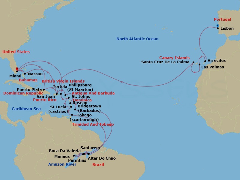 40 Night - Amazon & Tropical Isles - Oceania Insignia - Starting in Lisbon, Arrecife (Lanzarote), Las Palmas De Gran Canaria, Santa Cruz de La Palma, San Juan, Puerto Plata, Dominican Republic, Miami, Tortola, St Johns AG, Castries, Scarborough, Cruising the Amazon River, Santarem (Amazon River), Boca Da Valeria (Amazon River), Manaus (Amazon River), Parintins (Amazon River), Alter Do Chao (Amazon River), Cruising the Amazon River, Bridgetown, Roseau, Philipsburg, San Juan, Nassau, Miami itinerary map