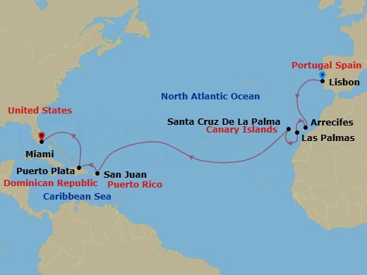 15 Night - Canaries to the Caribbean - Oceania Insignia - Starting in Lisbon, Arrecife (Lanzarote), Las Palmas De Gran Canaria, Santa Cruz de La Palma, San Juan, Puerto Plata, Dominican Republic, Miami itinerary map