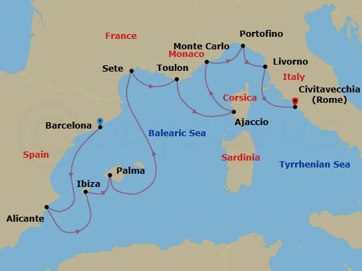 10 Night - Radiant Rivieras - Oceania Marina - Starting in Barcelona, Alicante, Ibiza, Palma De Mallorca, Sete, Toulon, Ajaccio (Corsica), Monte Carlo, Portofino, Florence / Pisa / Tuscany (Livorno), Rome (Civitavecchia) itinerary map