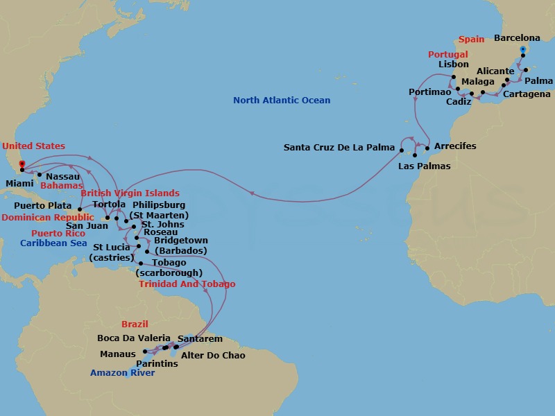 47 Night - Footsteps of Columbus - Oceania Insignia - Starting in Barcelona, Palma De Mallorca, Alicante, Cartagena ES, Malaga, Seville (Cadiz), Portimao, Lisbon, Arrecife (Lanzarote), Las Palmas De Gran Canaria, Santa Cruz de La Palma, San Juan, Puerto Plata, Dominican Republic, Miami, Tortola, St Johns AG, Castries, Scarborough, Cruising the Amazon River, Santarem (Amazon River), Boca Da Valeria (Amazon River), Manaus (Amazon River), Parintins (Amazon River), Alter Do Chao (Amazon River), Cruising the Amazon River, Bridgetown, Roseau, Philipsburg, San Juan, Nassau, Miami itinerary map