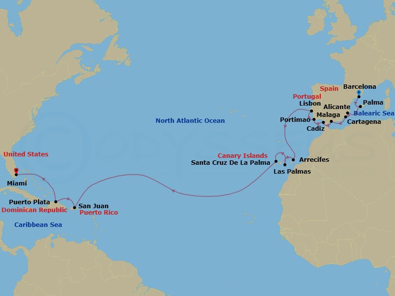 22 Night - Flamenco to Flamingos - Oceania Insignia - Starting in Barcelona, Palma De Mallorca, Alicante, Cartagena ES, Malaga, Seville (Cadiz), Portimao, Lisbon, Arrecife (Lanzarote), Las Palmas De Gran Canaria, Santa Cruz de La Palma, San Juan, Puerto Plata, Dominican Republic, Miami itinerary map