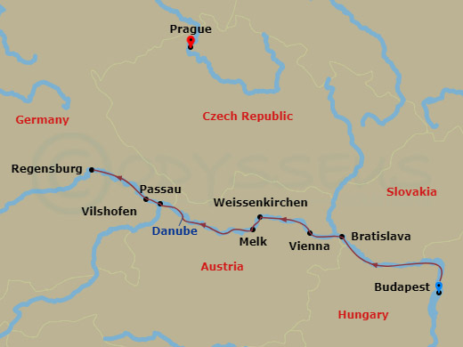 12 Night - Melodies of the Danube (Taste of Christmas) with Budapest Pre-Cruise, Prague Post-Cruise - AmaSofia Tours - Starting in Budapest, Bratislava, Vienna, Weissenkirchen, Melk, Linz, Passau, Villany, Regensburg, Prague itinerary map