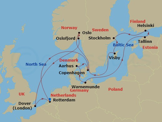 14 Night - Baltic & Scandinavian Capitals - Nieuw Statendam - Starting in Rotterdam, the Netherlands, Copenhagen, Denmark, Aarhus, Denmark, Warnemunde (Berlin), Germany, Tallinn, Estonia, Helsinki, Finland, Stockholm, Sweden, Visby, Gotland, Sweden, Oslo, Norway, Scenic cruising Oslofjord, Dover UK (London), England, Rotterdam, the Netherlands itinerary map