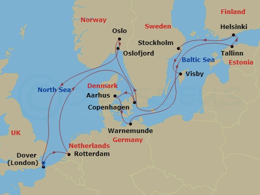 14 Night - Baltic & Scandinavian Capitals - Nieuw Statendam - Starting in Dover UK (London), England, Rotterdam, the Netherlands, Copenhagen, Denmark, Aarhus, Denmark, Warnemunde (Berlin), Germany, Tallinn, Estonia, Helsinki, Finland, Stockholm, Sweden, Visby, Gotland, Sweden, Oslo, Norway, Scenic cruising Oslofjord, Dover UK (London), England itinerary map