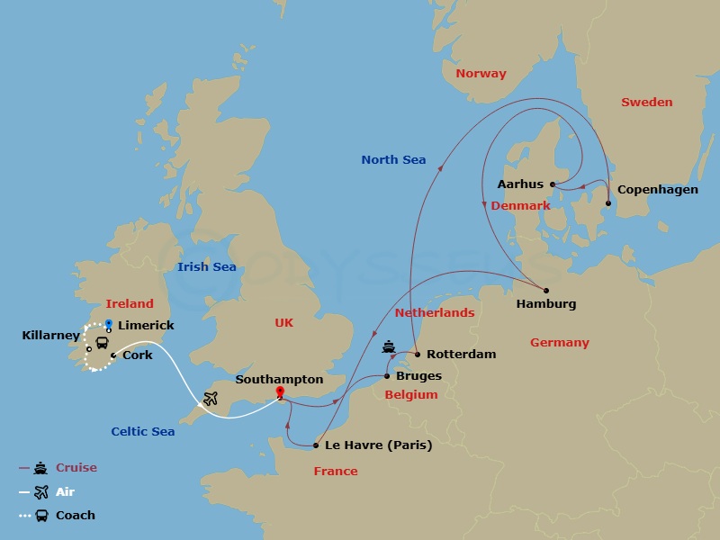 14 Night - Ring of Kerry - Tour 3C - Majestic Princess Tours - Starting in Limerick, Ireland, Killarney, Ireland, Cork, Ireland (Ringaskiddy / for Blarney Castle), Southampton (for London), England, Zeebrugge (for Brussels / Bruges), Belgium, Rotterdam, the Netherlands, Copenhagen, Denmark, Aarhus, Denmark, Hamburg, Germany (for Berlin), Le Havre (for Paris / Normandy), France, Southampton (for London), England itinerary map