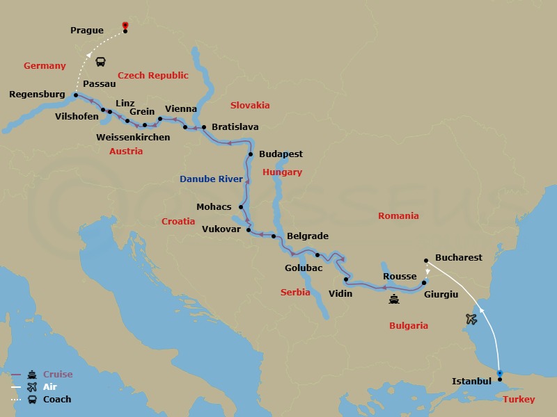 20 Night - Grand Danube (Taste of Christmas) with Istanbul Pre-Cruise and Prague Post-Cruise - AmaBella Tours - Starting in Istanbul, Bucharest, Giurgiu, Rousse, Vidin, Golubac, Belgrade, Vukovar, Mohacs, Budapest, Bratislava, Vienna, Weissenkirchen, Grein, Linz, Passau, Villany, Regensburg, Prague itinerary map