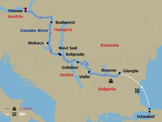 12 Night - Gems of Southeast Europe (Taste of Christmas) with Istanbul Pre-Cruise and Vienna Post-Cruise - AmaBella Tours - Starting in Istanbul, Giurgiu, Rousse, Vidin, Golubac, Belgrade, Novi Sad, Mohacs, Budapest, Vienna itinerary map