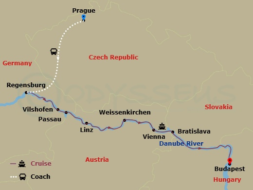 10 Night - Romantic Danube (Modified) with Prague Pre-Cruise - AmaMora Tours - Starting in Prague, Regensburg, Villany, Passau, Linz, Weissenkirchen, Vienna, Bratislava, Budapest itinerary map