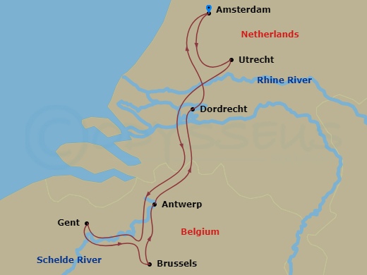 9 Night - Best of Holland & Belgium with Amsterdam Pre-Cruise - AmaStella Tours - Starting in Amsterdam, Utrecht, Hellevoetsluis, Ghent, Brussels, Antwerp, Dordrecht, Amsterdam itinerary map