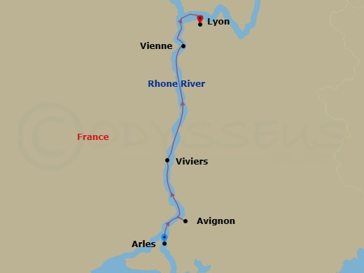 13 Night - Colors of Provence (Wine Cruise) with Barcelona Pre-Cruise and Paris Post-Cruise - AmaKristina Tours - Starting in Arles, Avignon, Viviers, Vienne, Lyon itinerary map
