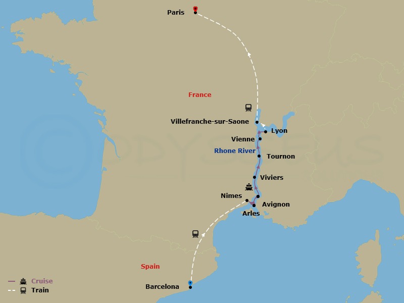 13 Night - Colors of Provence with Barcelona Pre-Cruise and Paris Post-Cruise - AmaKristina Tours - Starting in Barcelona, Nimes, Arles, Avignon, Arles, Avignon, Viviers, Tournon, Vienne, Lyon, Villefranche-sur-Saone, Lyon, Paris itinerary map