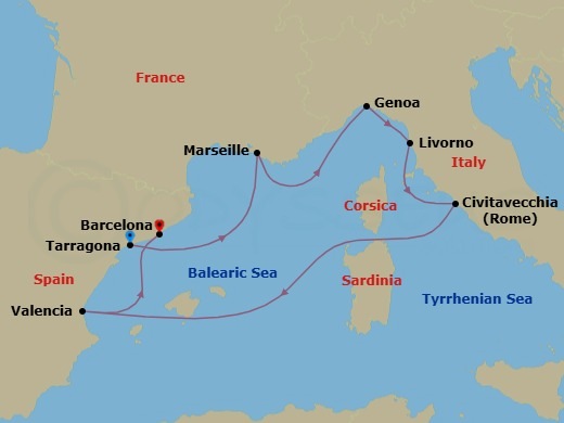 7 Night - Mediterranean - MSC Lirica - Starting in Tarragona, Spain, Marseille (Provence), France, Genoa (Portofino), Italy, Livorno (Florence), Italy, Civitavecchia (Rome), Italy, Valencia, Spain, Barcelona, Spain itinerary map