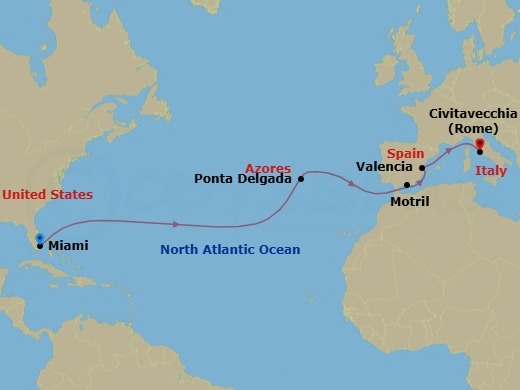 13 Night - Repo - Transatlantic - Norwegian Viva - Starting in Miami, Fl, Ponta Delgada, Portugal, Motril, Spain, Valencia, Spain, Civitavecchia Rome, Italy itinerary map