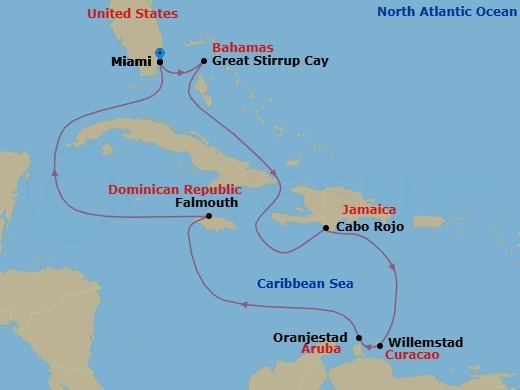 9 Night - Southern Caribbean - Miami - Norwegian Joy - Starting in Miami, Fl, Great Stirrup Cay, Bahamas, Cabo Rojo, Dominican Republic, Willemstad AN, Netherlands Antilles, Oranjestad, Aruba, Falmouth, Jamaica, Miami, Fl itinerary map
