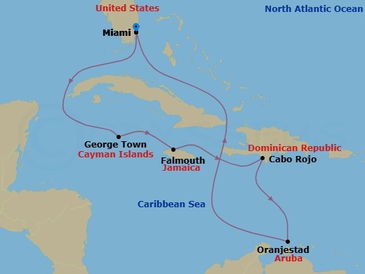 9 Night - Southern Caribbean - Miami - Norwegian Joy - Starting in Miami, Fl, George Town, Cayman Islands, Falmouth, Jamaica, Cabo Rojo, Dominican Republic, Oranjestad, Aruba, Miami, Fl itinerary map