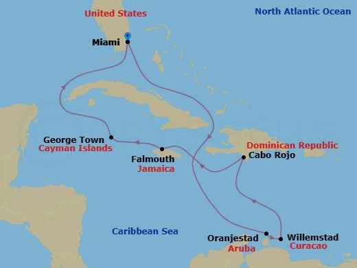 10 Night - Southern Caribbean - Miami - Norwegian Joy - Starting in Miami, Fl, Oranjestad, Aruba, Willemstad AN, Netherlands Antilles, Cabo Rojo, Dominican Republic, Falmouth, Jamaica, George Town, Cayman Islands, Miami, Fl itinerary map