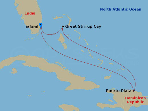 5 Night - Eastern Caribbean - Miami - Norwegian Joy - Starting in Miami, Fl, Puerto Plata, Dominican Republic, Great Stirrup Cay, Bahamas, Miami, Fl itinerary map