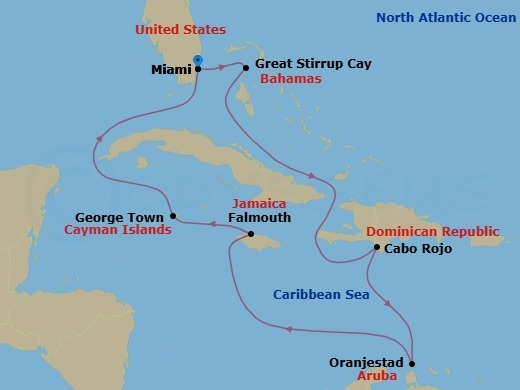 9 Night - Southern Caribbean - Miami - Norwegian Joy - Starting in Miami, Fl, Great Stirrup Cay, Bahamas, Cabo Rojo, Dominican Republic, Oranjestad, Aruba, Falmouth, Jamaica, George Town, Cayman Islands, Miami, Fl itinerary map
