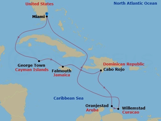 10 Night - Southern Caribbean - Miami - Norwegian Joy - Starting in Miami, Fl, George Town, Cayman Islands, Falmouth, Jamaica, Cabo Rojo, Dominican Republic, Oranjestad, Aruba, Willemstad AN, Netherlands Antilles, Miami, Fl itinerary map