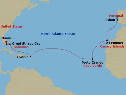 14 Night - Repo - Transatlantic - Norwegian Viva - Starting in Lisbon, Portugal, Las Palmas Gran Canaria, Spain, Porto Grande, Cape Verde, Tortola, British Virgin Islands, Great Stirrup Cay, Bahamas, Miami, Fl itinerary map