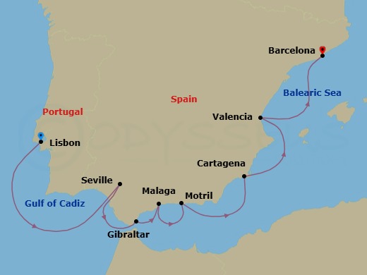 9 Night - Spain Intensive Cruise : Seville, Malaga & Valencia - Azamara Journey - Starting in Lisbon, Seville, Gibraltar, Malaga, Granada (Motril), Cartagena ES, Valencia, Barcelona itinerary map