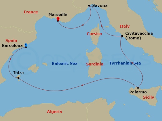 6 Night - Europe from Barcelona to Marseille - Costa Smeralda - Starting in Barcelona, Ibiza, Palermo, Civitavecchia (Rome), Savona, Marseille itinerary map
